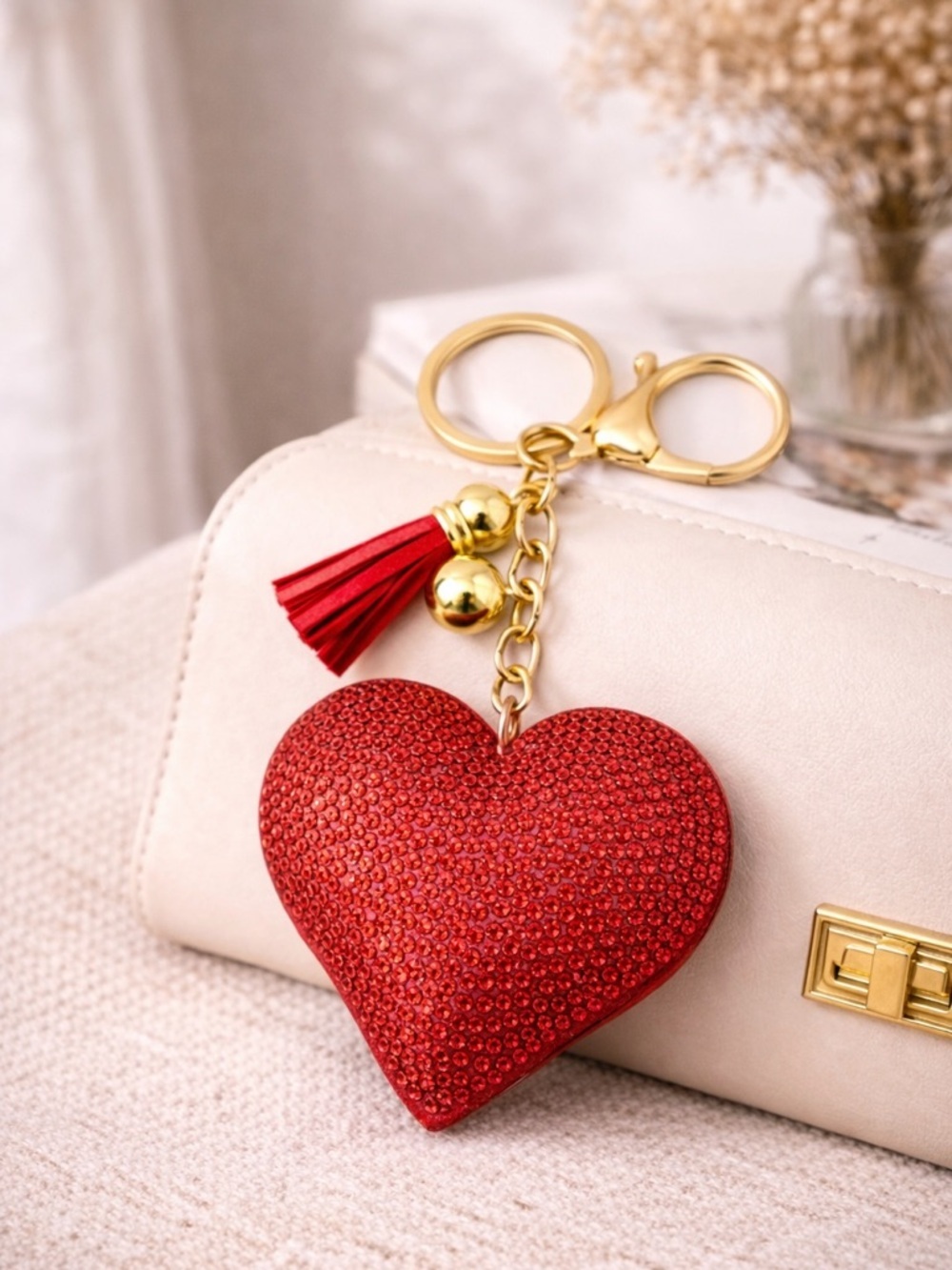 Red Rhinestone Heart Keychain Charm Bag Charm Tassel New